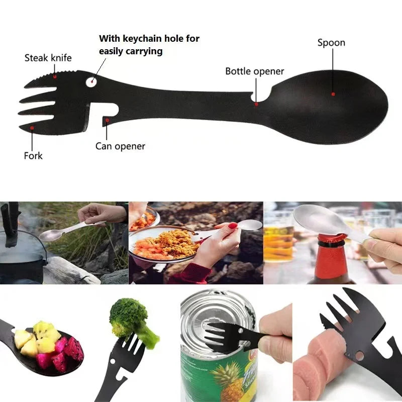 Stainless Steel Multi-functional Knife, Fork and Spoon, Picnic Gadgets, Outdoor Camping Conven, 5 in 1, All-in-1